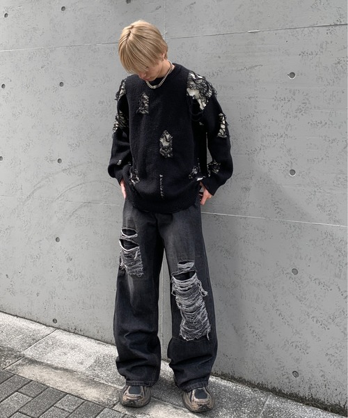 lilful ワイドパンツ ジーンズ クラッシュダメージ加工ワイド