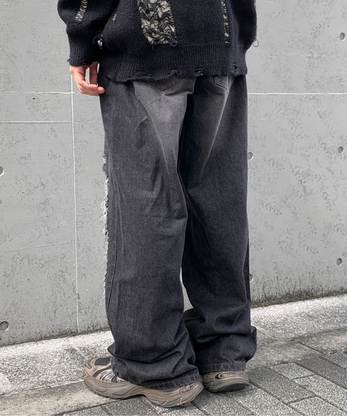 lilful ジーンズ クラッシュダメージ加工ワイドストレートデニムパンツ