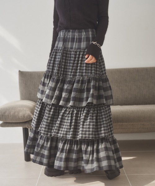 スカート check tiered frill long skirt /チェックティアードフリル