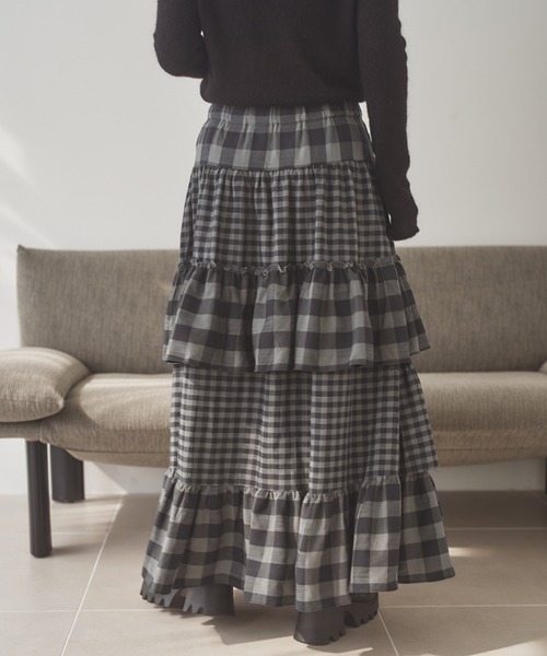 スカート check tiered frill long skirt /チェックティアードフリル