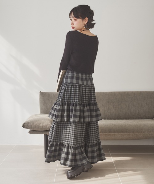 スカート check tiered frill long skirt /チェックティアードフリル