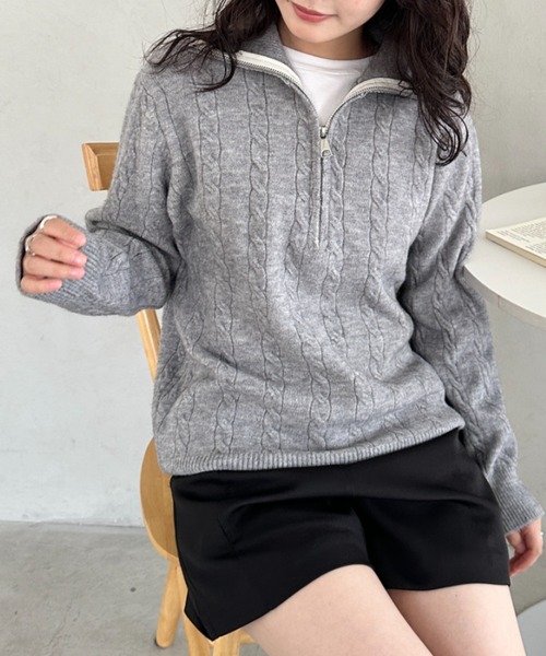CLEA ニット セーター ハーフジップケーブル編みニットトップス