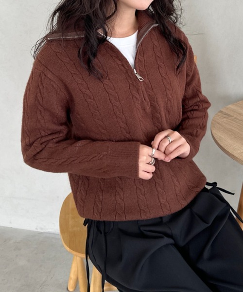 CELINE ハーフジップ セーター ニット ブラウン マカダム トリンオフ CLEA ニット セーター ハーフジップケーブル編みニットトップス