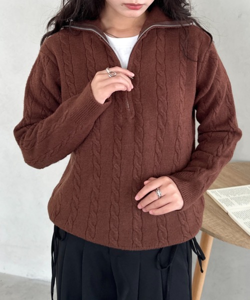 CLEA ニット セーター ハーフジップケーブル編みニットトップス