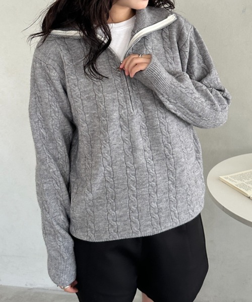 CLEA ニット セーター ハーフジップケーブル編みニットトップス