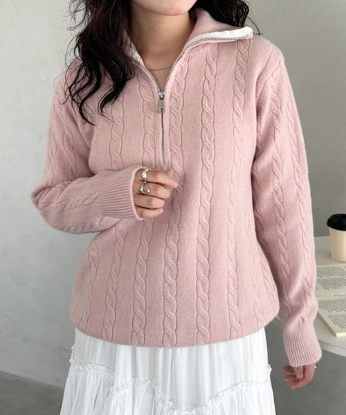 CLEA ニット セーター ハーフジップケーブル編みニットトップス