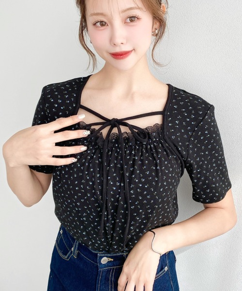 moment+ tシャツ レイヤードデザインデコルテリボンリブカットソー半袖