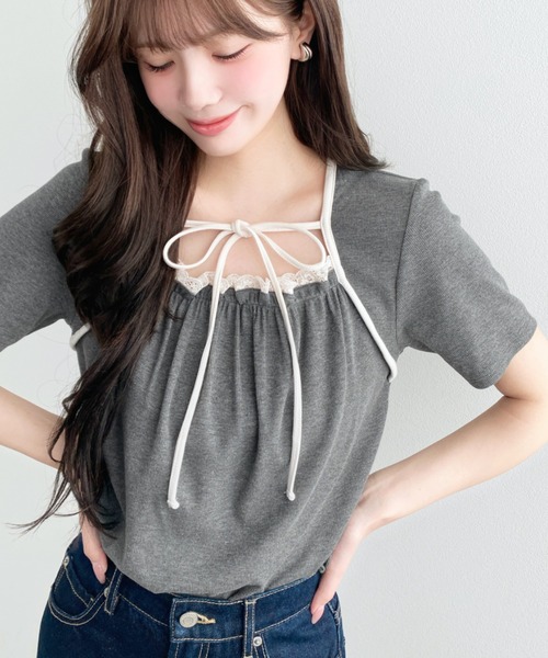 moment+ tシャツ レイヤードデザインデコルテリボンリブカットソー半袖