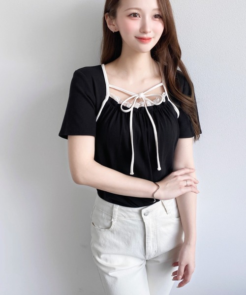 moment+ tシャツ レイヤードデザインデコルテリボンリブカットソー半袖