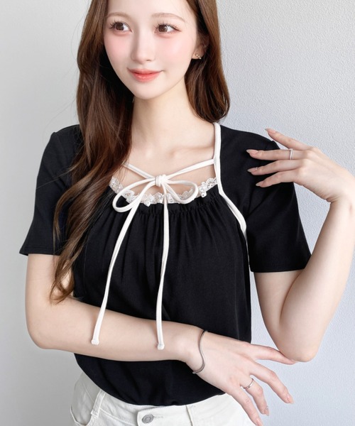 moment+ tシャツ レイヤードデザインデコルテリボンリブカットソー半袖