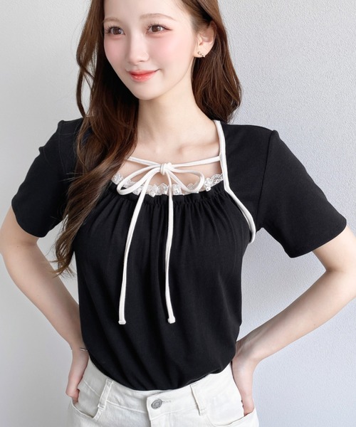 moment+ tシャツ レイヤードデザインデコルテリボンリブカットソー半袖