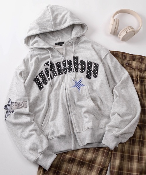 パーカー 「82」チェック/ドット ワッペンロゴ ショート丈 ジップ