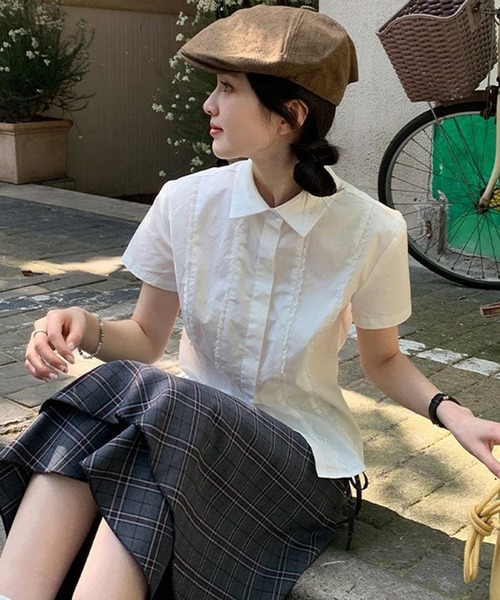 AsheKsha ブラウス シャツ 半袖 レースプリーツウエスト絞り白半袖