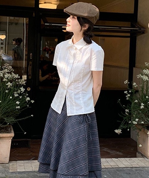 AsheKsha ブラウス シャツ 半袖 レースプリーツウエスト絞り白半袖