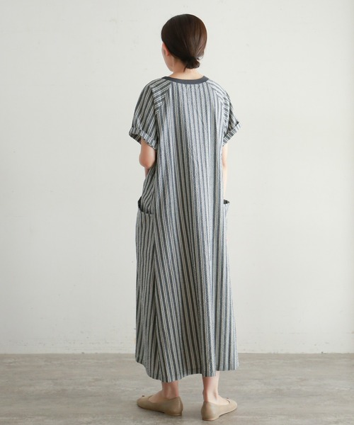 新作人気モデル ワンピース 先染め綿ストライプ ヘンリー半袖ワンピース ワンピース カラー ブラック Reflect Com Pl