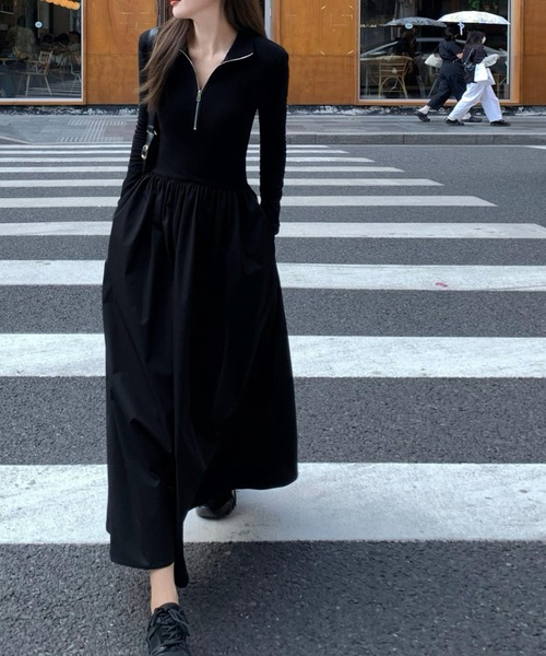 deux amour ワンピース ハーフジップフレアスカートドッキングワンピ