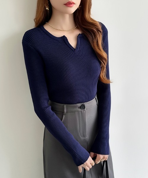 み*き様 STONE  ネイビー 長袖ニットセーター COCOMOMO ニット セーター 鎖骨美人魅せ キーネックニット リブニット