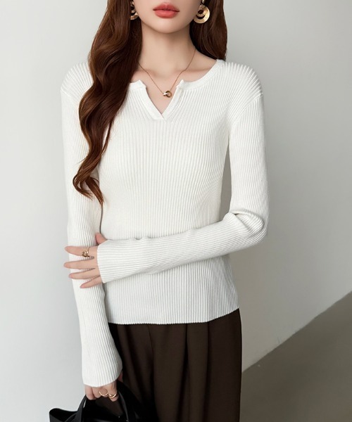 COCOMOMO ニット セーター 鎖骨美人魅せ キーネックニット リブニット