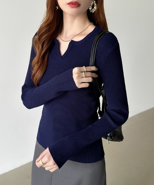 COCOMOMO ニット セーター 鎖骨美人魅せ キーネックニット リブニット