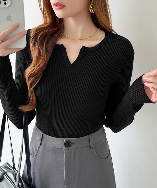 COCOMOMO ニット セーター 鎖骨美人魅せ キーネックニット リブニット