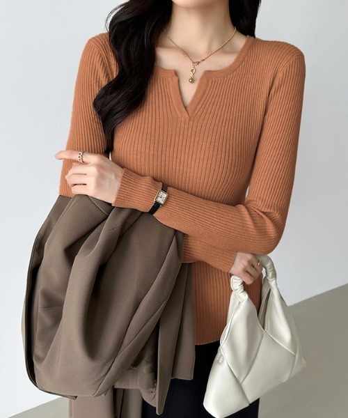 COCOMOMO ニット セーター 鎖骨美人魅せ キーネックニット リブニット