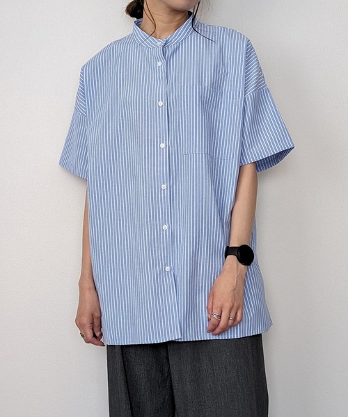 tシャツ バンドカラーオーバーシャツブラウス レディース JUNOAH ブラウス シャツ 半袖バンドカラーストライプオーバー