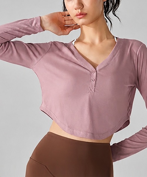 HYS SHOP ヨガ レディース 長袖シアークロップド丈Vネックヨガトップス HYS SHOP ヨガ レディース 長袖シアークロップド丈Vネックヨガトップス