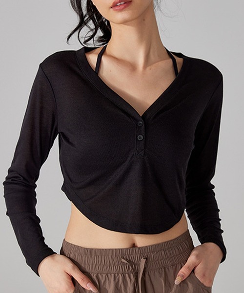 HYS SHOP レディース 長袖シアークロップド丈Vネックヨガトップス