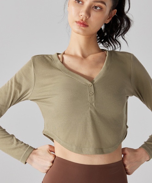 HYS SHOP レディース 長袖シアークロップド丈Vネックヨガトップス