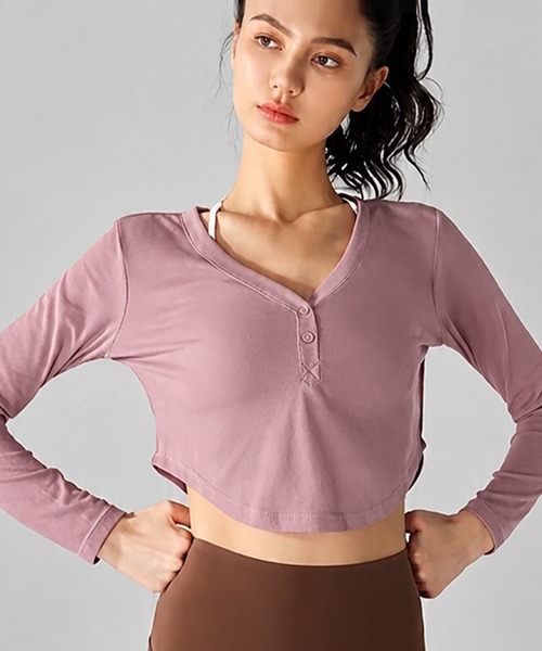 HYS SHOP ヨガ レディース 長袖シアークロップド丈Vネックヨガトップス