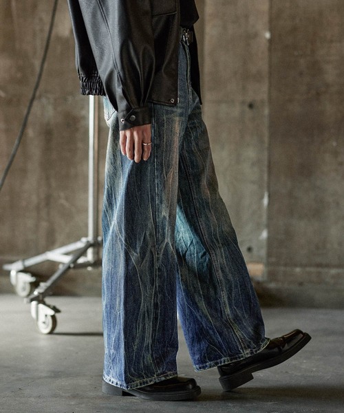 ASTRONOMY ワイドパンツ ジーンズ ユーズド加工ウォッシュドストレート 