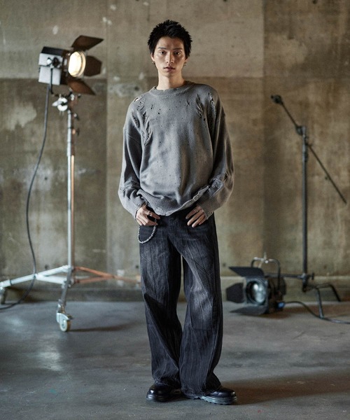 【BLUEMONSTERCLOTHING】ストレッチデニム ユーズド加工 LL ASTRONOMY ワイドパンツ ジーンズ ユーズド加工ウォッシュドストレート