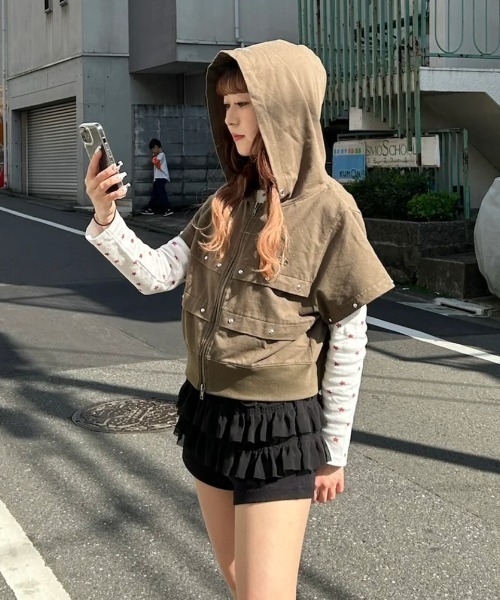 パーカー short sleeve zip hoodie レディース