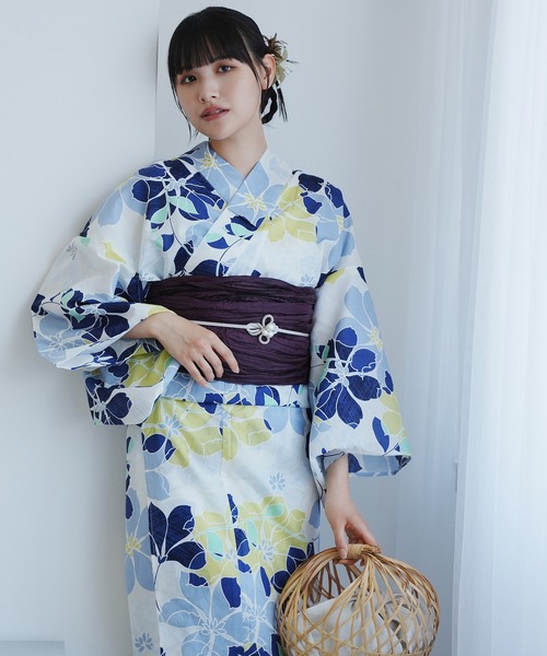 浴衣　レディース　ウタタネ utatane 浴衣 浴衣2点セット 白地に爽やか花重ね レディース