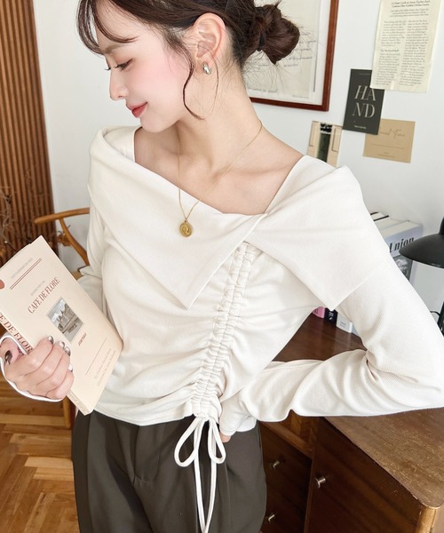 moment+ tシャツ アシメカラードロスト長袖リブカットソートップス