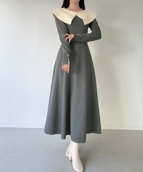 mipiarl ワンピース クラシカルカラーフレアニットワンピース