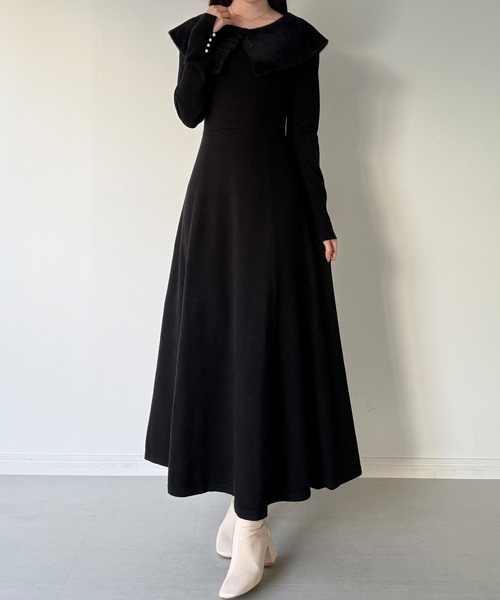 mipiarl ワンピース クラシカルカラーフレアニットワンピース