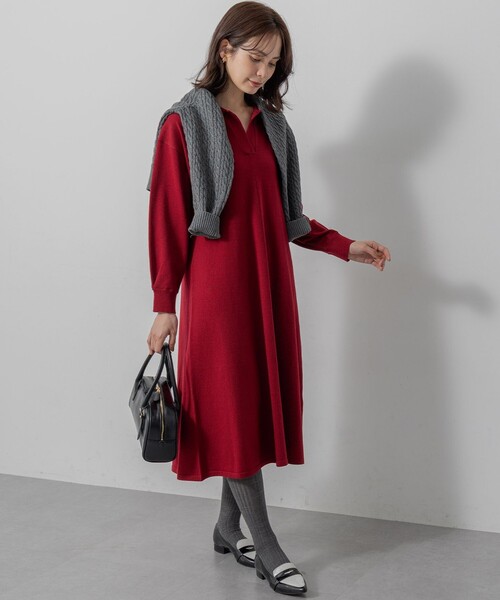 美品✨フォクシー 襟付きスキッパーニットドレス 切替半袖ワンピース グレー 38 組曲（KUMIKYOKU） ワンピース スキッパーニット ワンピース