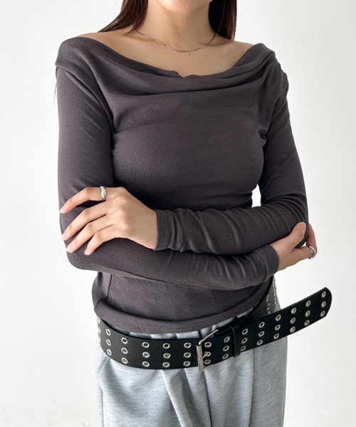Bamm tシャツ カウルネックドレープコンパクトトップス レディース