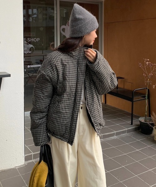 Aelina ダウンコート ダウンジャケット 2WAYボアチェック柄ジャケット