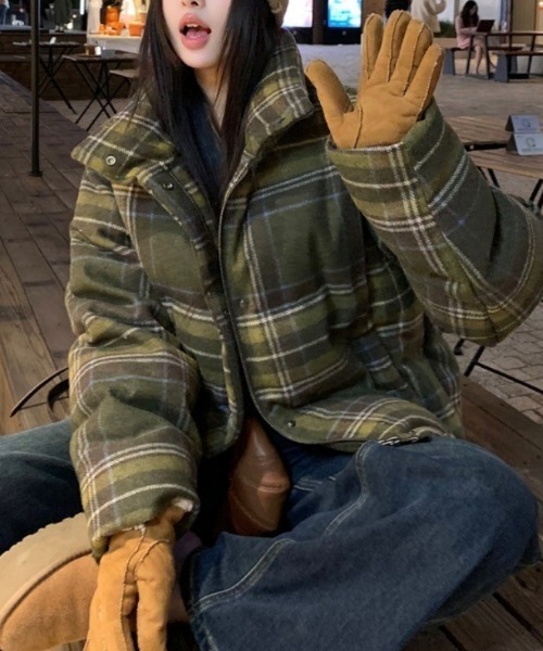 ダウンコート ダウンジャケット チェック柄 スタンドカラー エコダウン