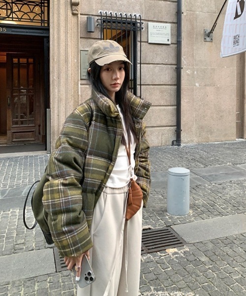 ダウンコート ダウンジャケット チェック柄 スタンドカラー エコダウン