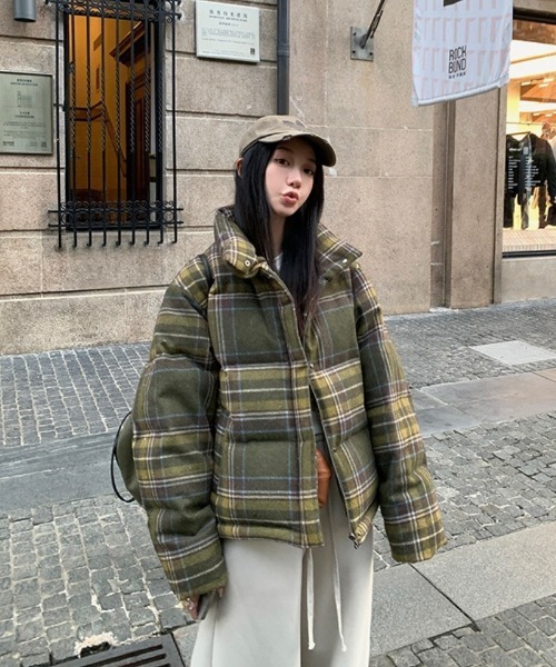 ダウンコート ダウンジャケット チェック柄 スタンドカラー エコダウン