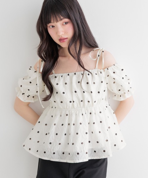 bluelea ドットジャガードブラウス 半袖 Heather（ヘザー） ブラウス シャツ 半袖 マルチカスタムジャガード