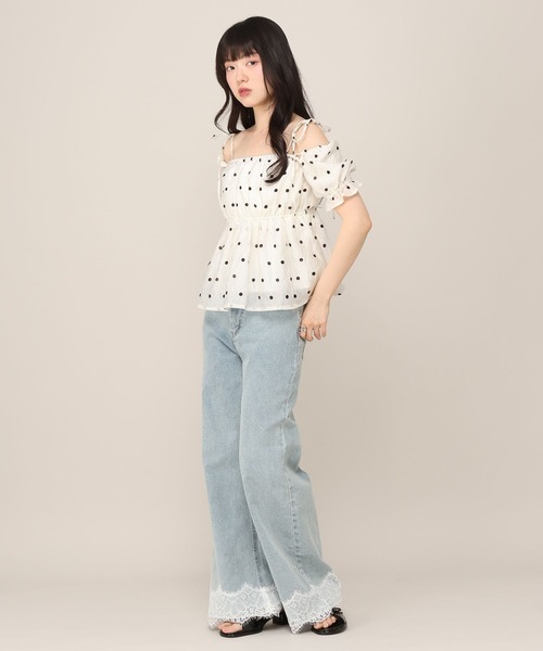 bluelea ドットジャガードブラウス 半袖 Heather（ヘザー） ブラウス シャツ 半袖 マルチカスタムジャガード