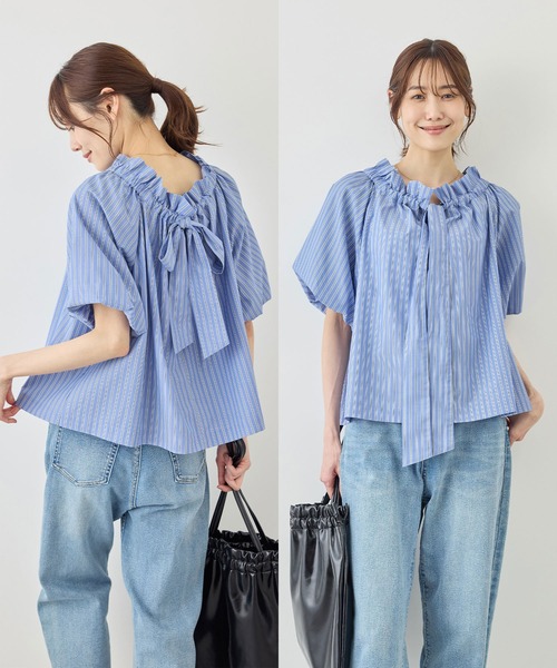 ブラウス シャツ 前後2WAYギャザーリボンデザインシャツ/UVケア・接触冷感・リンクコーデ レディースの画像