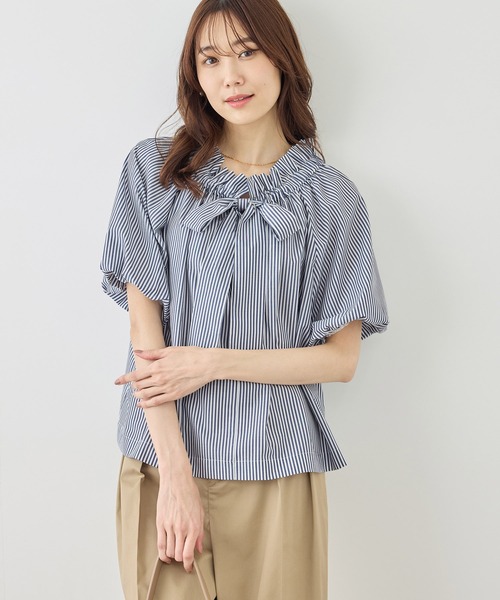 ブラウス シャツ 前後2WAYギャザーリボンデザインシャツ/UVケア・接触冷感・リンクコーデ レディースの画像