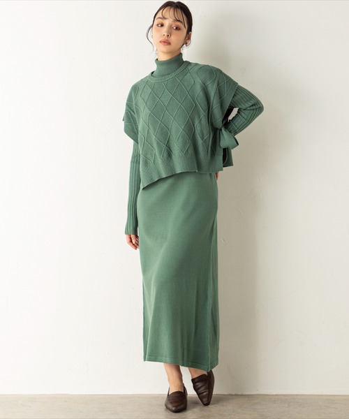4786　ドゥロワー　タートルネックニットワンピース プリーツ　日本製　M 緑 4786 ドゥロワー タートルネックニットワンピース プリーツ 日本製 M