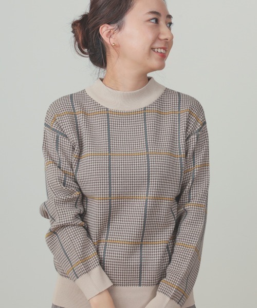 ニット セーター BEAMS HEART / ハイネックチェック ニットプルオーバー レディース BEAMS HEART ニット セーター / ハイネックチェック ニットプル