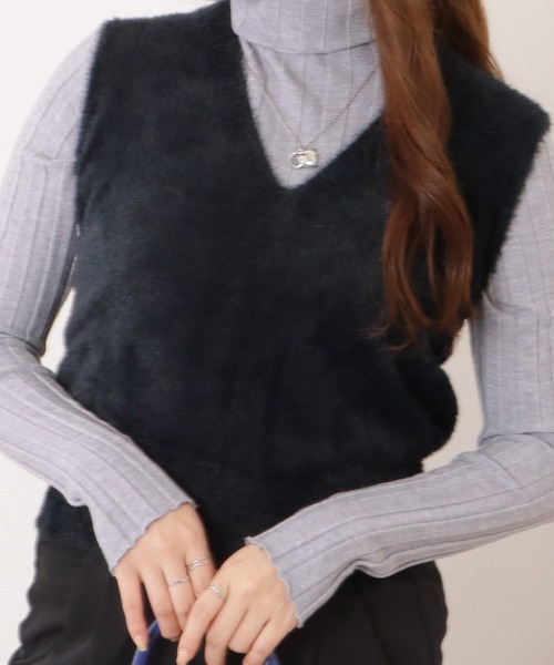 Lace Ladies ベスト ジレ Vネックコンパクトシャギーニット